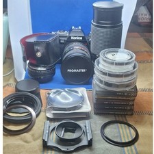 Konica FS-1 SLR 35mm film camera w/ various lenses & filters- film tested! 