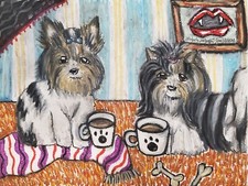 Biewer Terrier Drinking Coffee Original Pastel Painting 9x12 Gothic Vamp Dog Art