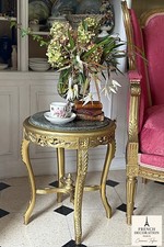 French pedestal in gilded wood, Louis XVI style, grey marble top, belt