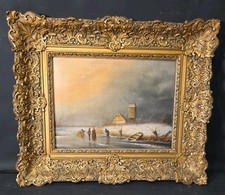 Antique Oil Painting Skaters Frozen Lake Signed Dutch School 19th Century