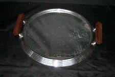  Plateau miroir ancien métal chromé et poignées bois