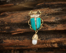 Broche Doré Insect Scarabée Turquoise Perle de Culture Blanc Vintage Style QD14