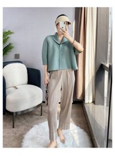 Pleats Please Issey Miyake Fabric Pleated Long Sleeve Top with Buttons