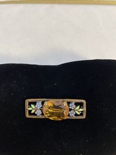 Vintage Brooch Enamel & Stone/Glass Yellow  Stone Metal-Brass Or Copper Pin  Bac