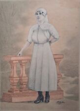 Ancien grand DESSIN ART NAIF Crayons de Couleur L'infirmière pause pour la photo