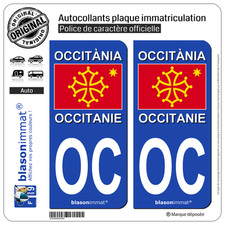 2 Stickers autocollant plaque immatriculation : OC Occitanie - Drapeau