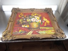 Vtg Regency Floral Pot Original Oil Painting Canvas Floral Frame 32x27x3 Inches