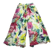 120% Lino Wide Leg Linen Pants Womens Size 40 Floral Print Elastic Waist Italy