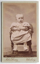 Baby, child sitting wicker chair, hands, Desrez, Cherbourg - old photo CDV