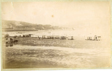 France, Cabins on a beach to identify vintage albumen print.  Albu print