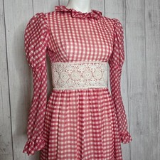 Vintage 70s Red & White Gingham Crochet Waist Prairie Maxi Dress, sz Small