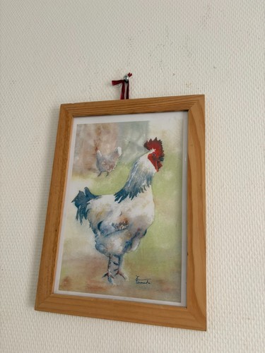 Aquarelle coq poule basse - poule, cour