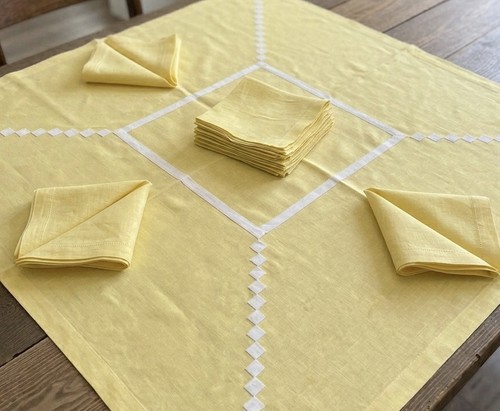 Nappe vintage jaune broderie - nappe,