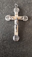 Ancien Pendentif Croix Christ Argent & Nacre Mother of Pearl Solid Silver Cross
