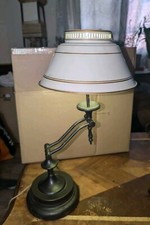 Vintage Brass & Enamel Desk Table Lamp Cream & Gold Tole Adjustable Aluminum Sha
