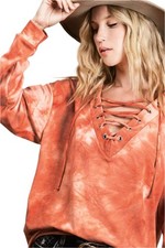 BiBi Lace-Up Tie-Dye French Terry Long Sleeve Top