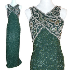 Vintage 90s 100% Silk Green Beaded Prom Dress S/M Golden Age Hollywood Glamour