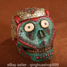 9.2" Rare Vieux Népal Cuivre incrustation Gem Monkey Head Statue Sculpture