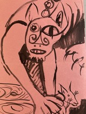 Peinture Dessin Encre Papier 1980 Art Chat Animal Animaux Expressionniste Rose