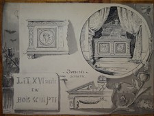 19th INK DRAWING DECORATION ARCHITECTURE CANOPY BED ORNAMENT 16th STYLE 