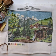 Vintage Needlepoint Kit from Tapex Vienna, Swiss Alps Chalet Forest Scene READ