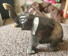 Marble/Stone Carved Elephant Figurine Trunk Up 3.25" tall x 4" long