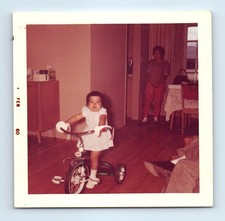 Old Vintage Square Color Photo WOMAN GIRL RIDING TOY TRICYCLE FOUND PICTURE