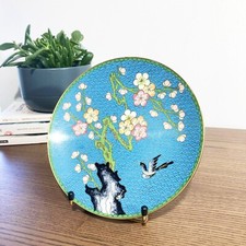 Chinese Cloisonne Plate - Enamel on Copper - Plum and Bird - 1960s
