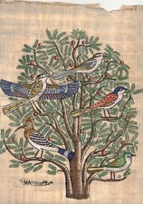 L'arbre et les oiseaux du paradis aquarelle sur feuille de bananier signée Egypt