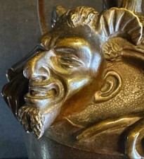 Antique Rare Heavy Bronze Pot Cauldron Devil Head with Handle Marble Base 19th C