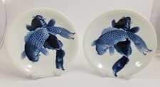 Paire Arita Bleu & Blanc Plats Avec Double Koi, Fuku Mark, Meiji, 18.5cm