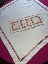 Antique Hand Embroidered Tea Tablecloth + 4 Towels