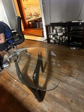 Noguchi Coffee Table Triangle Glass Top, Solid Hardwood Base, Black