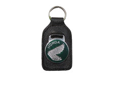 Honda Wing Leather Keychain FOB Ring Made in England Enamel Green and Chrome