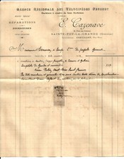 Sainte Foy La Grande (33) invoice + envelope Cazenave. Velocipedes Peugeot.1912.
