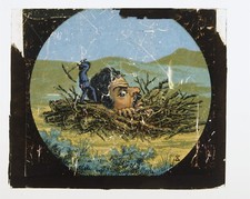 Plaque lanterne magique colorisée 8,5x10 TÊTE DE GULLIVER et LILIPUTIEN ? Signée