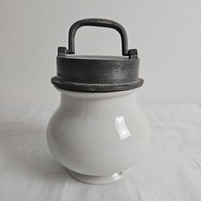 Ancien Pot À Bouillon En Porcelaine Et Etain 1900s