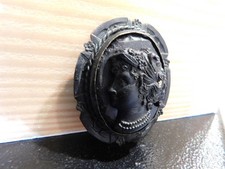 Antique Victorian Mourning Cameo Jet Glass Brooch Marked C&R Maker