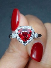 GARNET RED RUBY COLOR ZIRCON 925 SILVER RING LOVE HEART