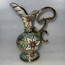 H. Bequet Quaregnon Hand Painted Turquoise Gold Trim Pitcher Vase Belgium 9.75"
