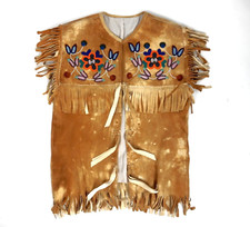 Vintage METIS Nation Fringed Deerhide Leather Beaded Flower Vest Men's L