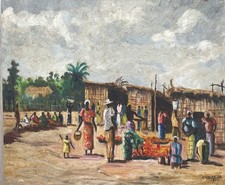 Tableau, Peinture africaine signée du peintre congolais Eugene Malonga daté 1952