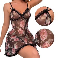 Robe sexy femme fleurie transparente tentante nylon dentelle slip dress nuisette