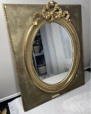 Antique Louis XVI style mirror oval gold wood and stucco with ribbon bow 