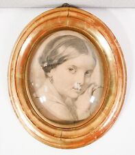 ⚜️ Carré Portrait Fille Peinture Crayon Cadre Dorée Verre Bombé D'Époque 800