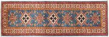 Beau Tapis Kazak 60x180 Fait Main Coureur Bleu Géométrique Oriental