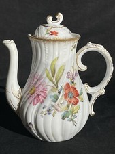 SMALL SARREGUEMINES PORCELAIN COFFEE POT POURER SAXONY AND GOLD DECORATIONS