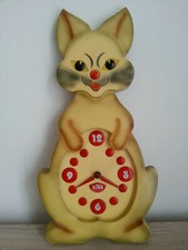 RARE GRANDE HORLOGE PENDULE vintage CHAT signée KIVA Made in France h=46,5cm