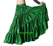 Green - Satin 6 Yard Tiered Gypsy Skirt Belly Dance Tribal Ruffle Jupe Flamenco