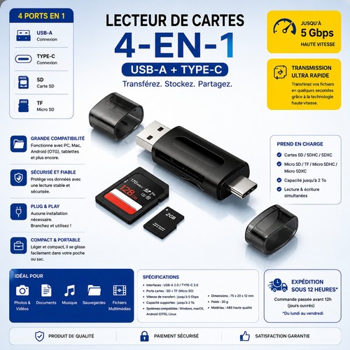 Lecteur carte usb 0 vers - usb, 2.0